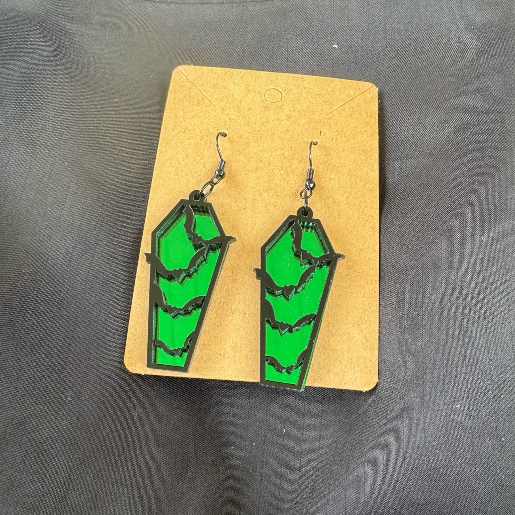 Green Coffin Fashion Earrings With Bats